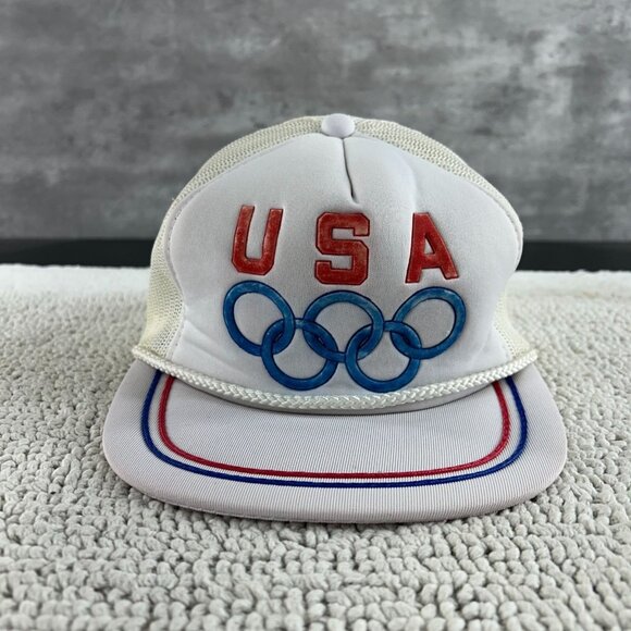 Vintage USA Olympics Mesh Snapback Trucker Rope Hat OSFA Puffy Print White - Picture 1 of 10